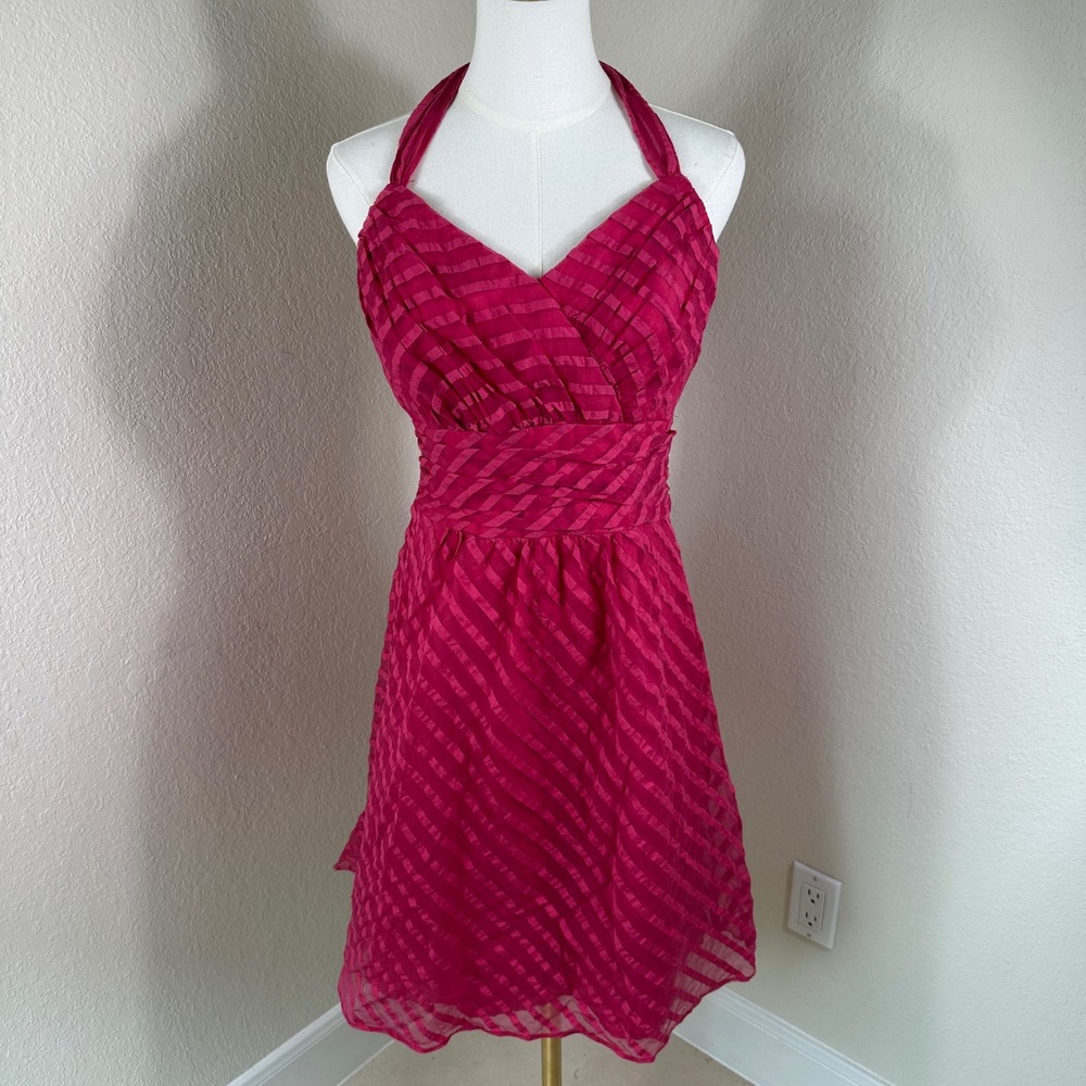 David's Bridal Halter Dress Women 6 Pink Fit & Flare Cocktail Gown Y2K Babydoll